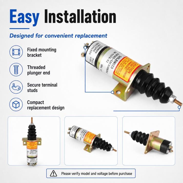 Shutdown solenoid valve with threaded plunger end, mounting bracket, and terminal studs