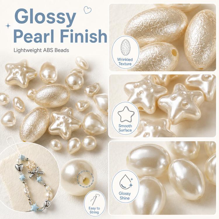 Glossy pearl-finish faux beads with wrinkled texture and star/droplet shapes, white and beige