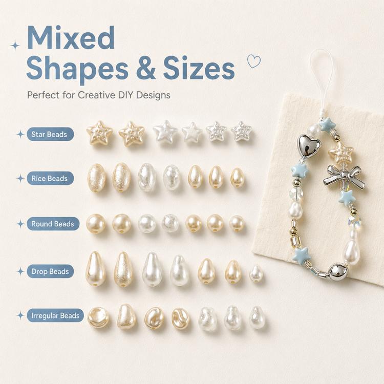 Mixed-shape faux pearl bead set with star, rice, round, and drop beads in white and beige