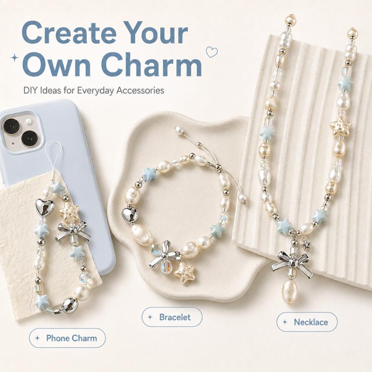 Faux pearl bead DIY accessories set for phone charm, bracelet, and necklace, white with light blue
