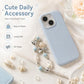 Cute faux pearl charm with white beads and light blue accents, shown with beaded strap and phone