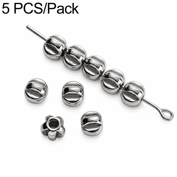 Silver-tone round spacer beads threaded on a bar with clasp loop, 5-pack