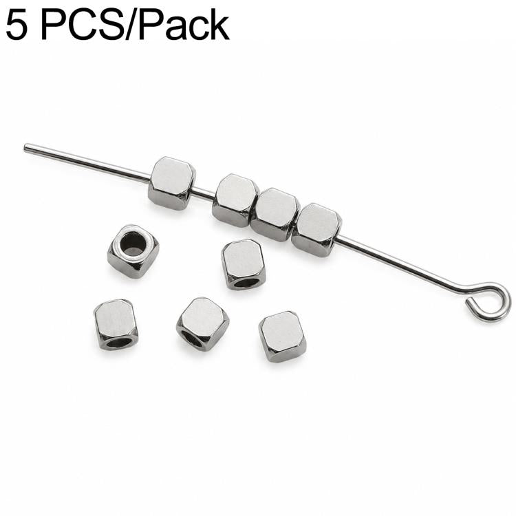 Silver-tone square/cube spacer beads with center holes, 5-pack on a pin