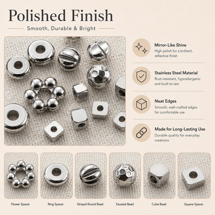 Polished stainless steel spacer beads with flower, ring, cube, and square styles, silver