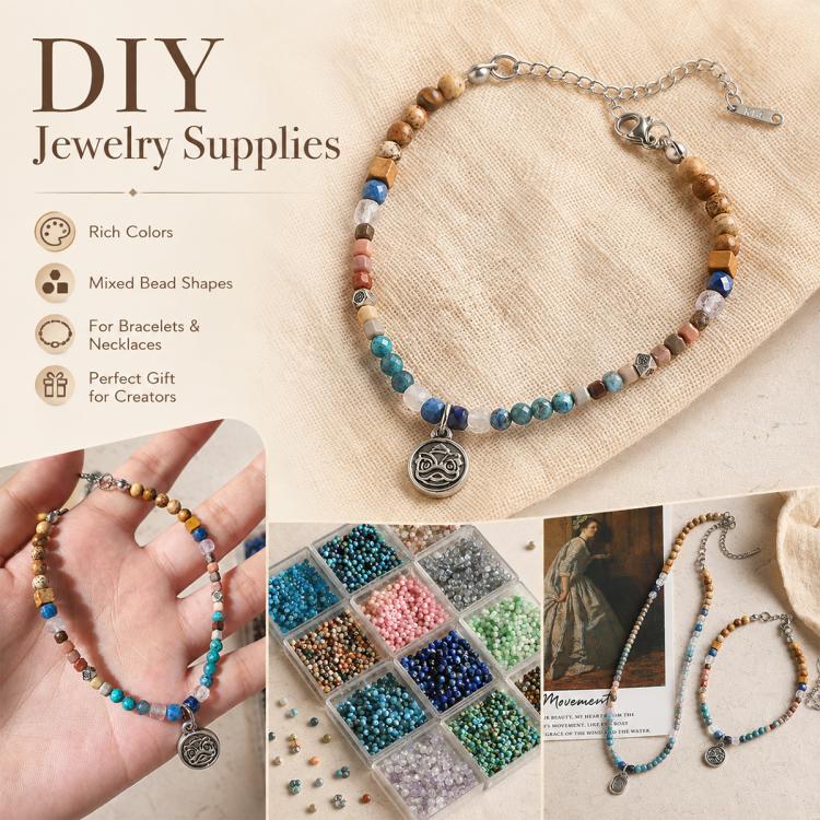 DIY beaded bracelet necklace with blue and brown beads and a round pendant on chain