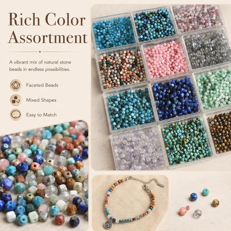 Faceted natural stone bead assortment with blue, pink, silver, green, and purple beads in box compartments