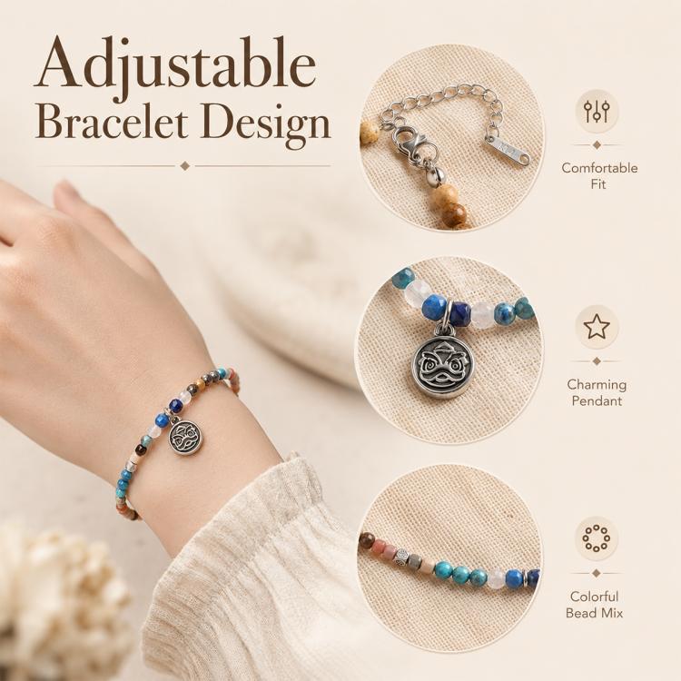 Adjustable beaded bracelet with mixed blue and brown beads and round charm pendant