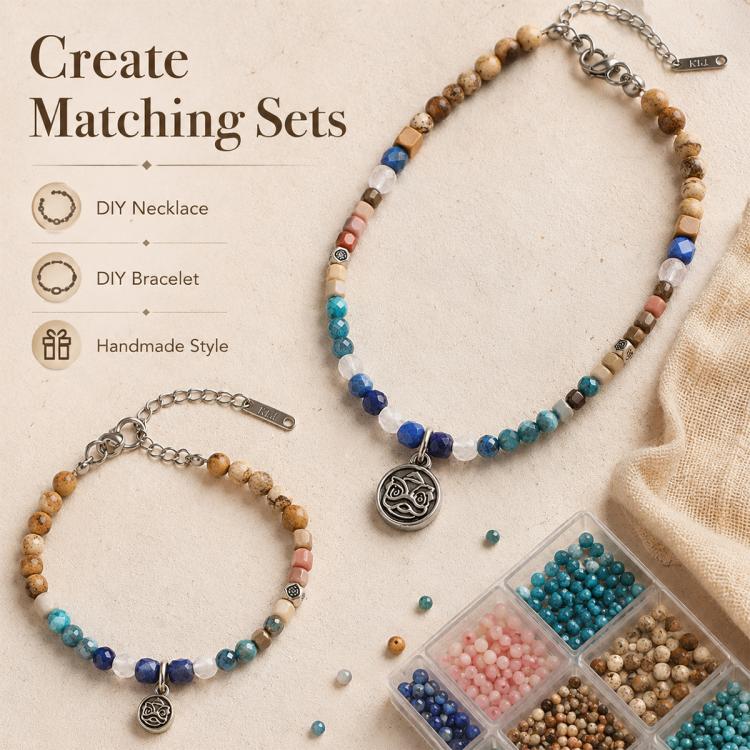 Beaded bracelet set with mixed blue, tan, and brown beads and round pendant charms
