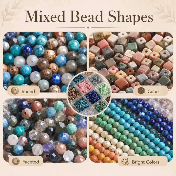 Mixed bead shapes set featuring round, faceted, cube beads, and bright color beads