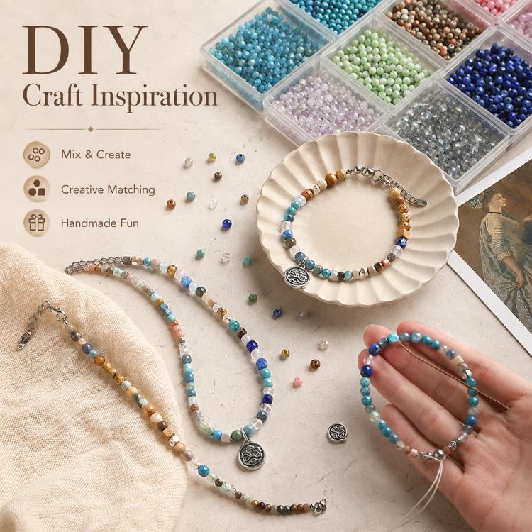 DIY beaded bracelets with multicolor beads and round pendant charms on a bead tray