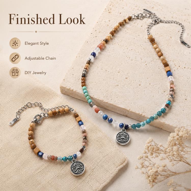 Finished beaded necklace with adjustable chain, mixed blue and tan beads, and round pendant