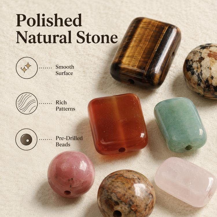 Polished natural stone beads, pre-drilled square and round shapes