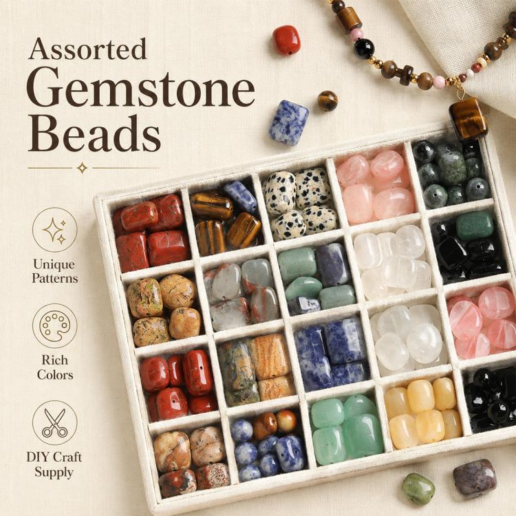 Assorted gemstone beads in divided tray, mixed shapes and colors