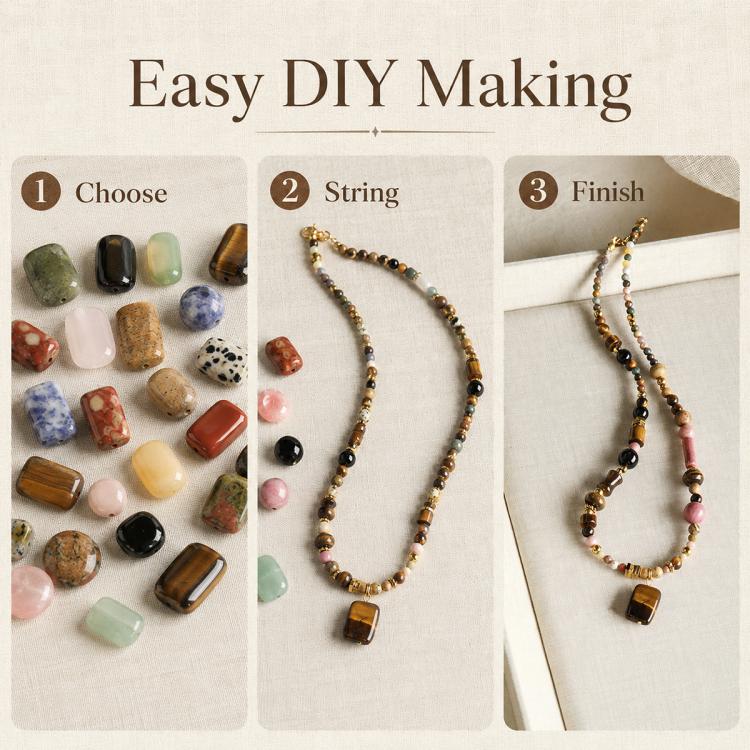 DIY beaded necklace kit showing a single strand of stone beads