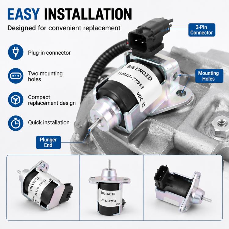 Shutdown solenoid valve installed on engine with 2-pin plug and mounting holes