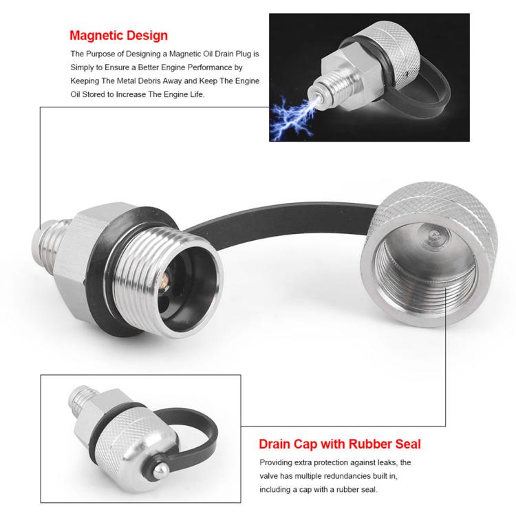 Magnetic oil drain valve set with knurled cap, threaded inlet, and rubber-sealed outlet