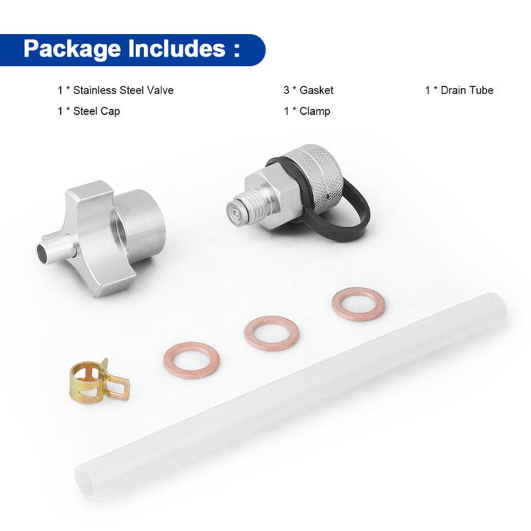 Oil drain valve kit with stainless valve, cap, gaskets, clamp, and drain tube