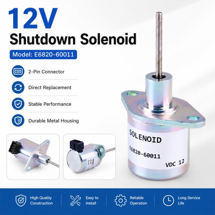 12V shutdown solenoid valve with metal housing, plunger rod, and 2-pin connector