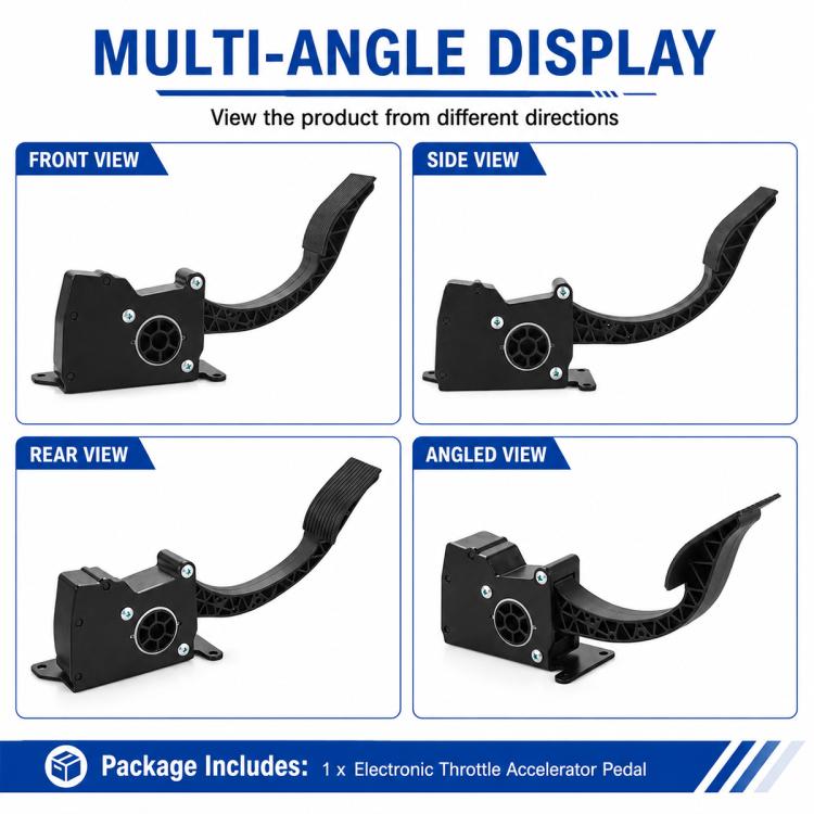 Black electronic throttle accelerator pedal shown from multiple angles with base plate