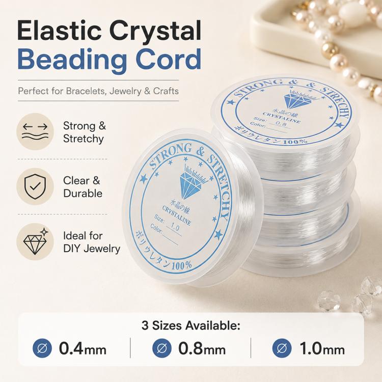 Transparent White Elastic Beading Cord DIY Craft Accessory for Bracelets, 0.4mm, 0.8mm, 1mm