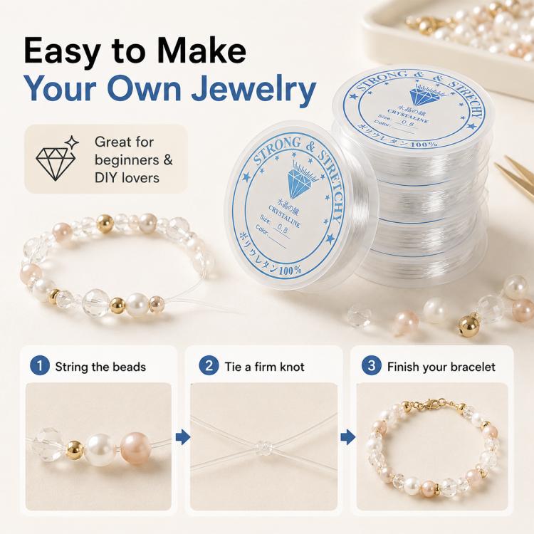 Transparent White Elastic Beading Cord DIY Craft Accessory for Bracelets, 0.4mm, 0.8mm, 1mm