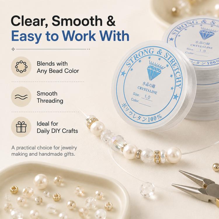Transparent White Elastic Beading Cord DIY Craft Accessory for Bracelets, 0.4mm, 0.8mm, 1mm