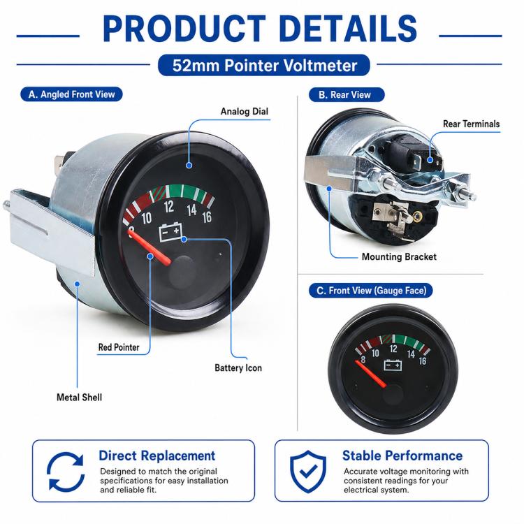 52mm High-precision Pointer-type 8-16V Voltmeter, 52mm Voltmeter