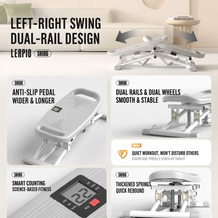 2-in-1 swing stepper with anti-slip foot pedal, dual rails, and support wheels