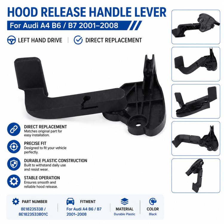 Black hood release handle lever with mounting base, direct replacement