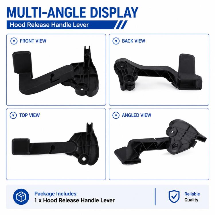 Black hood release handle lever shown from multiple angles, plastic mounting base