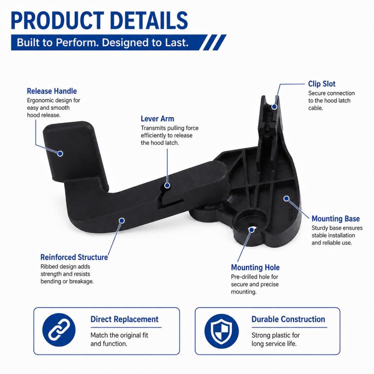 Black hood release handle lever with lever arm and mounting base, plastic