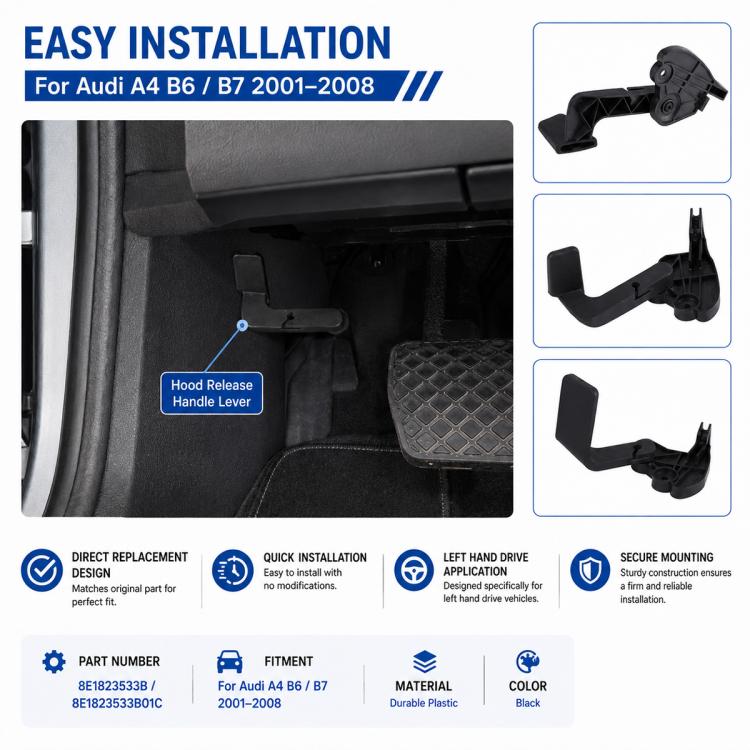 Black hood release handle lever installed on car interior panel, plastic