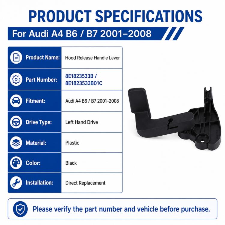Black hood release handle lever with mounting hole and clip slot, plastic