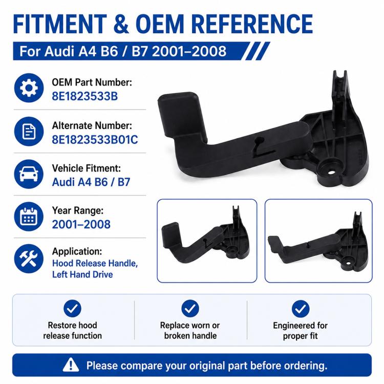 Black hood release handle lever with mounting base, plastic replacement part