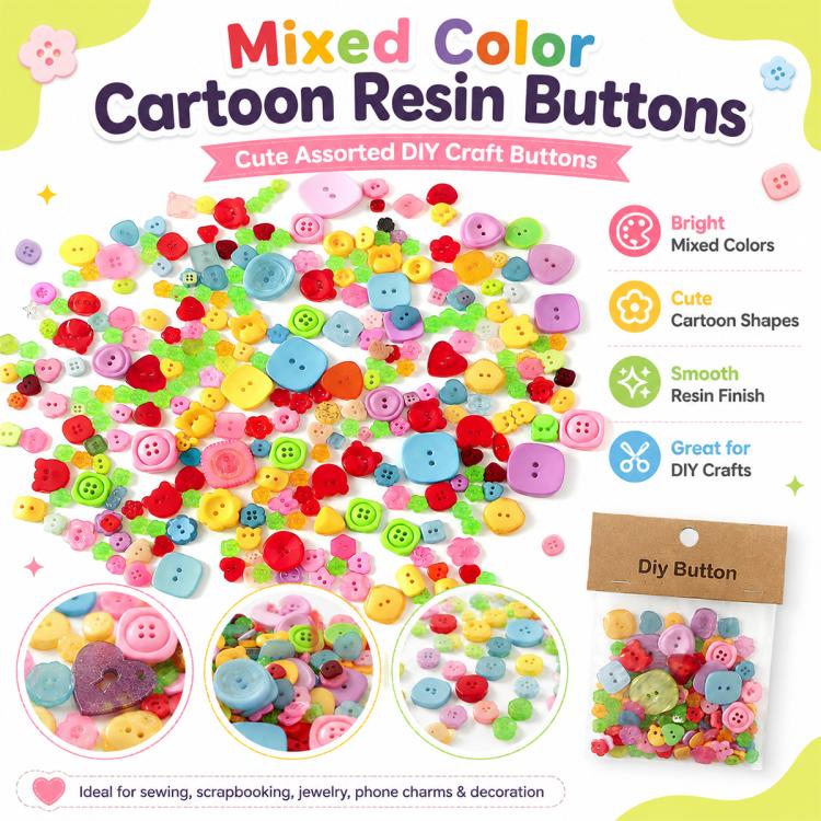 Assorted mixed-color resin buttons set with cartoon shapes and round details