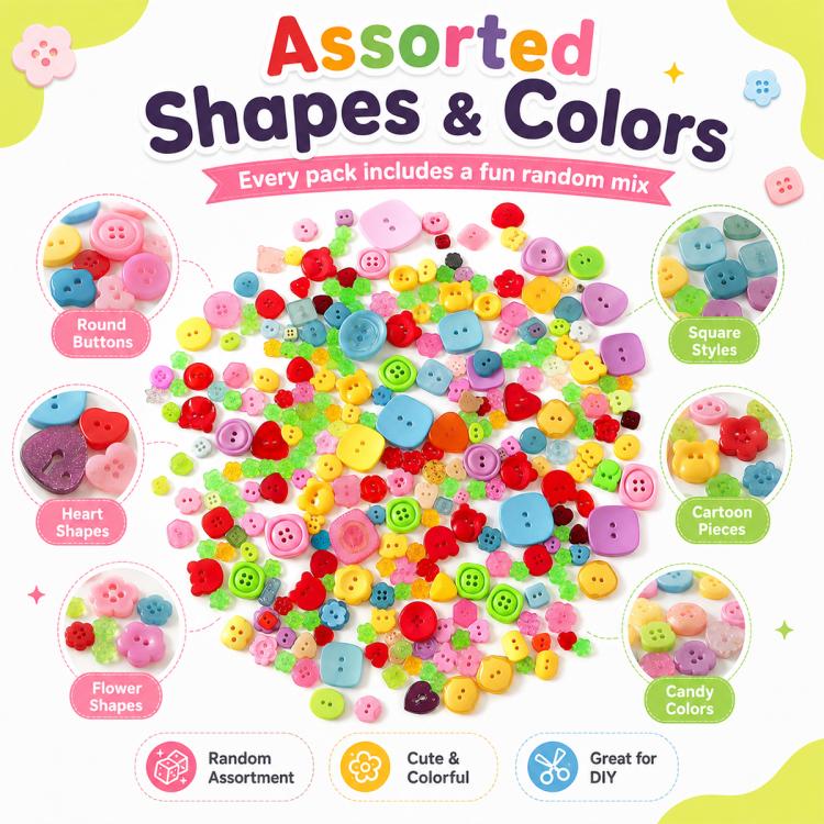 Assorted resin buttons in multiple shapes and colors, including round and square