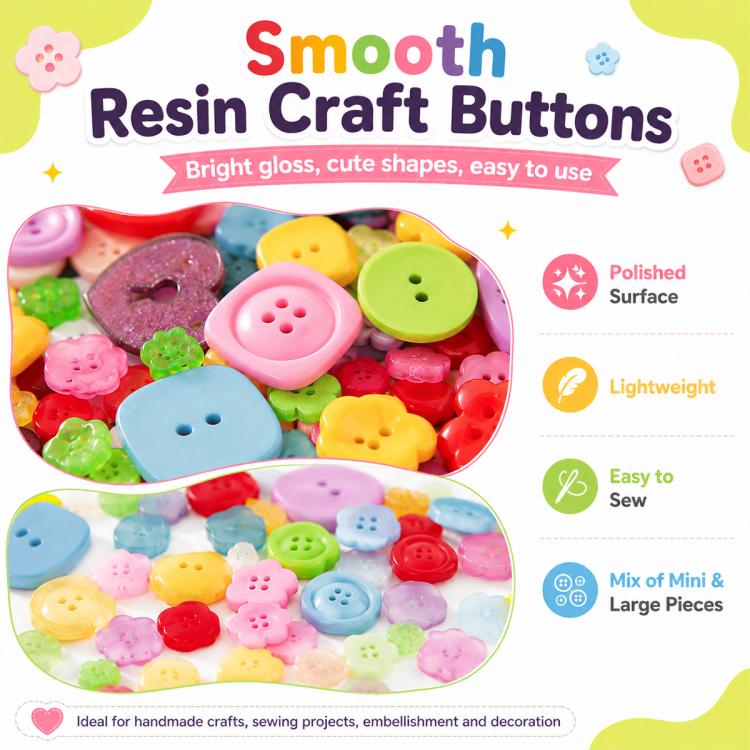 Smooth gloss resin craft buttons in bright pastel and neon colors, easy to sew