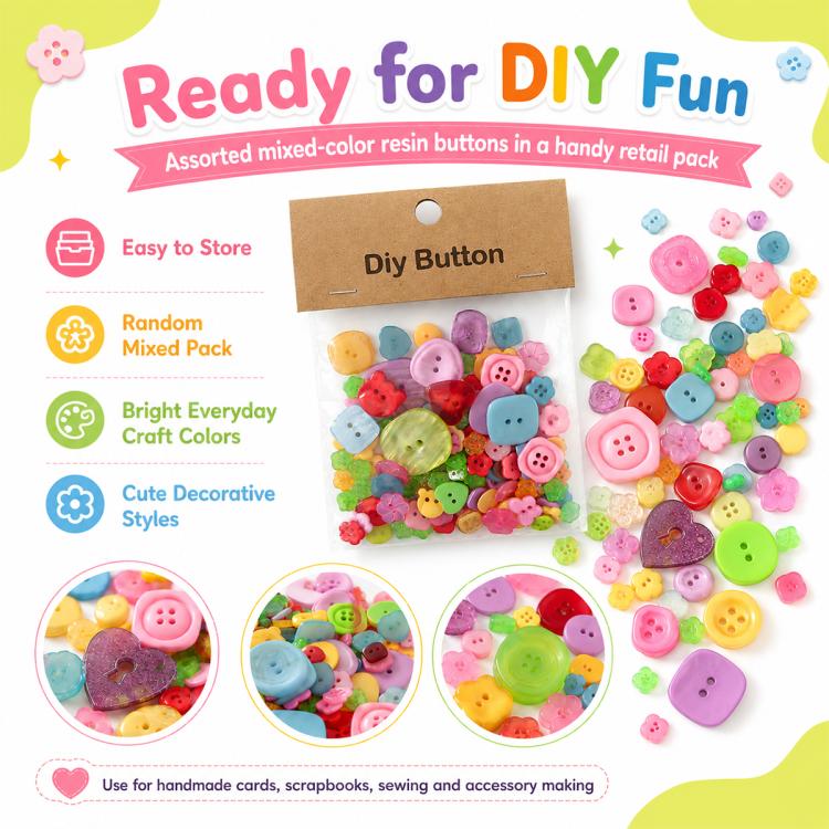 Assorted resin buttons in a retail paper card pack, colorful DIY craft pieces