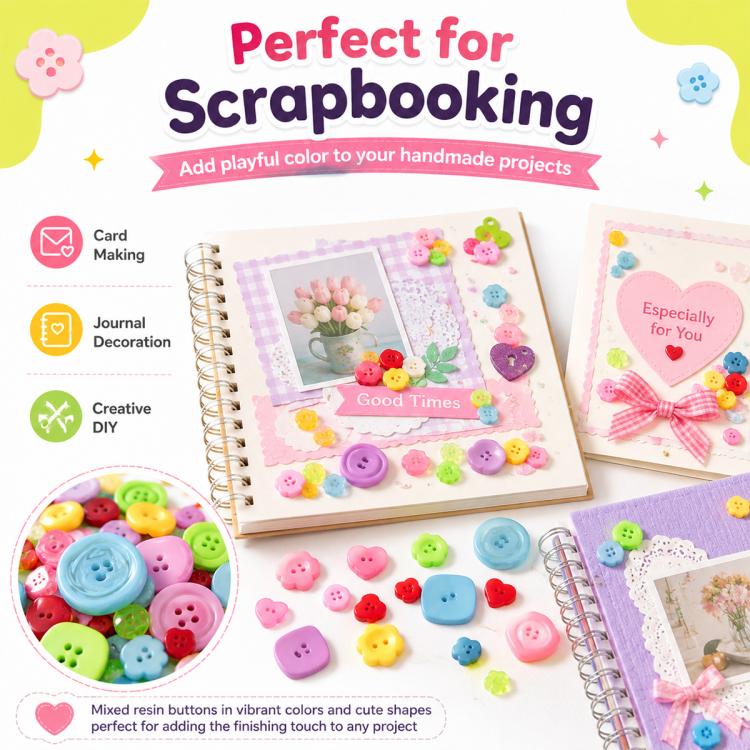 Scrapbooking resin buttons, mixed colors and cute shapes with round and heart pieces