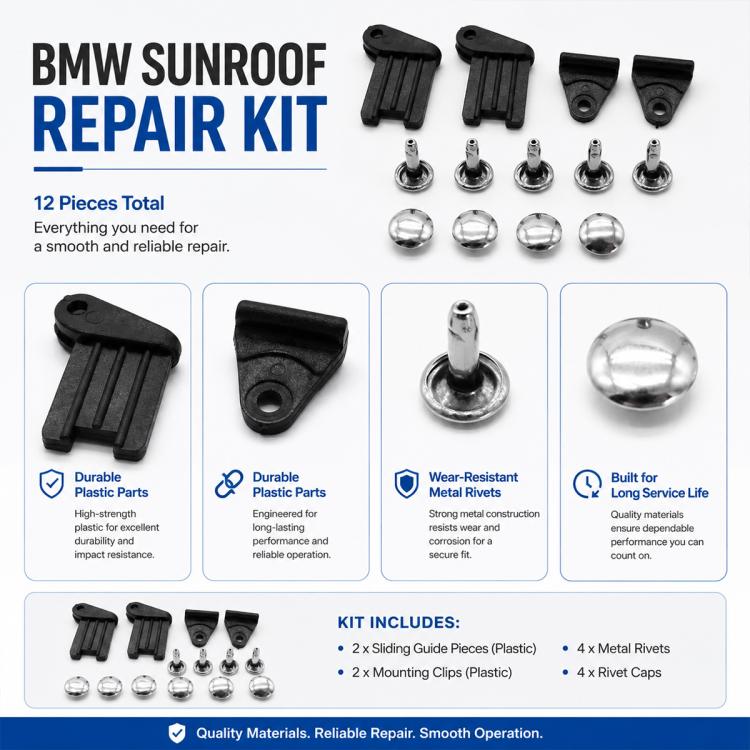 BMW sunroof repair kit set with black sliding guides, triangular clips, and metal rivets