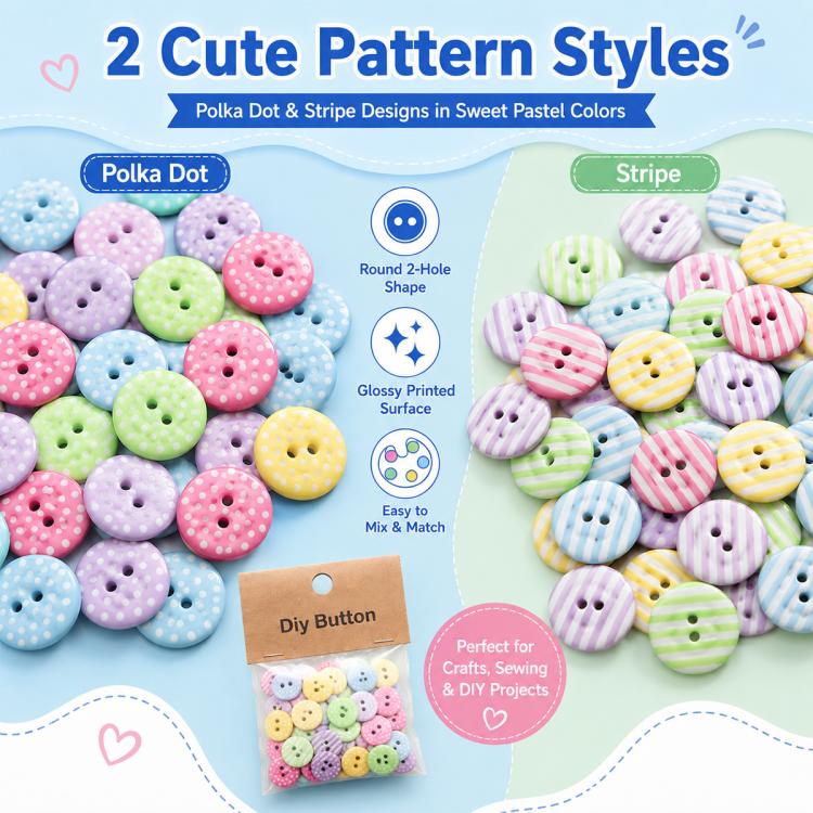 1.5cm Colorful Polka-dot and Striped Patterns Round Resin Buttons, 50 Pieces/Pack, Round