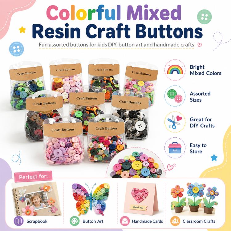 175g/Pack Mixed Sizes Colorful Round Resin Buttons DIY Craft Kit, 250-400 Pieces/Pack