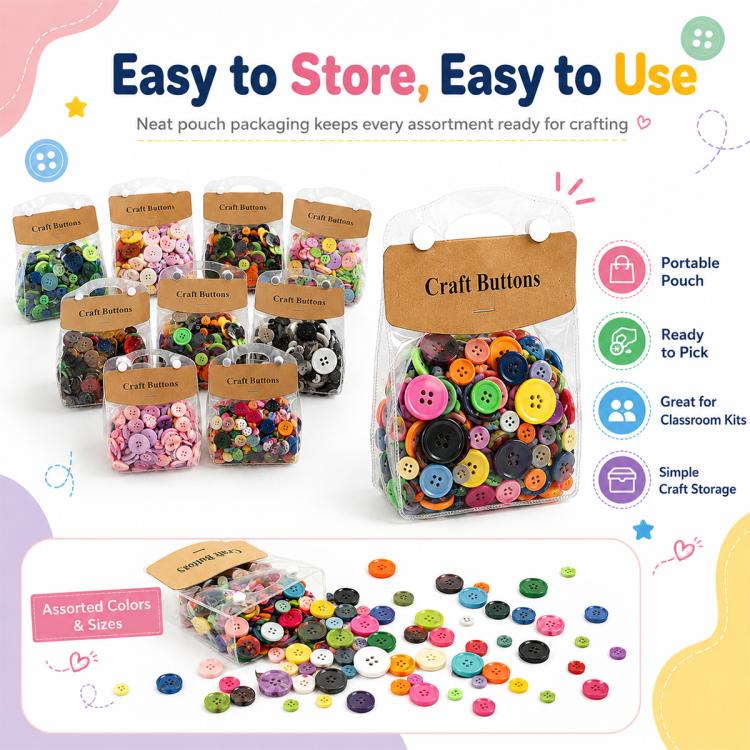 175g/Pack Mixed Sizes Colorful Round Resin Buttons DIY Craft Kit, 250-400 Pieces/Pack