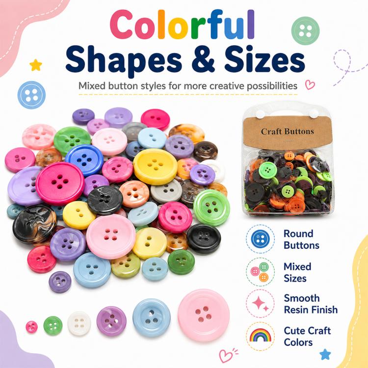 175g/Pack Mixed Sizes Colorful Round Resin Buttons DIY Craft Kit, 250-400 Pieces/Pack