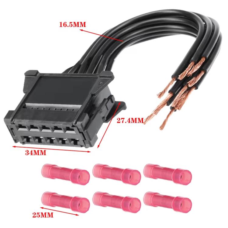 Heater blower wiring harness connector with marked dimensions and pink terminals