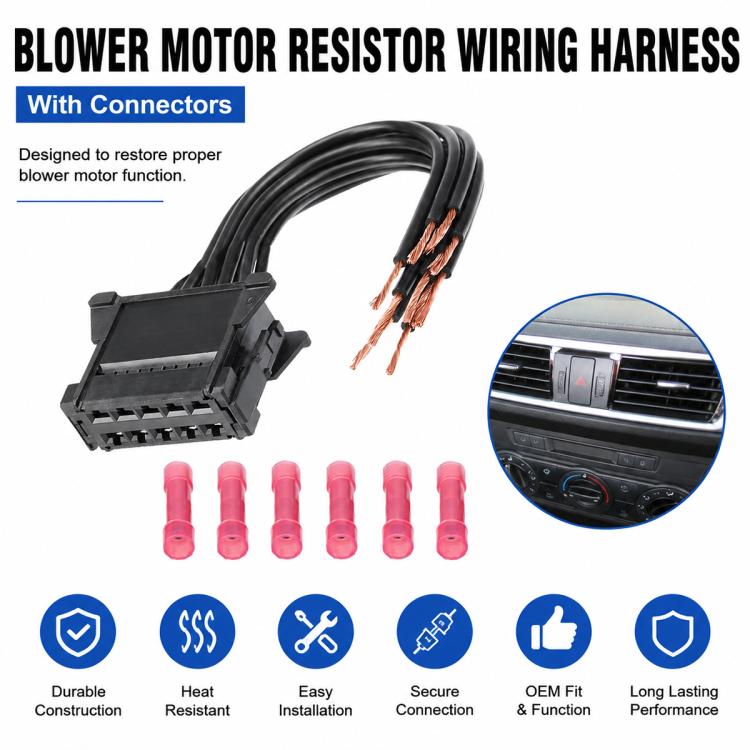 Blower motor resistor wiring harness with black connector and pink terminal pins