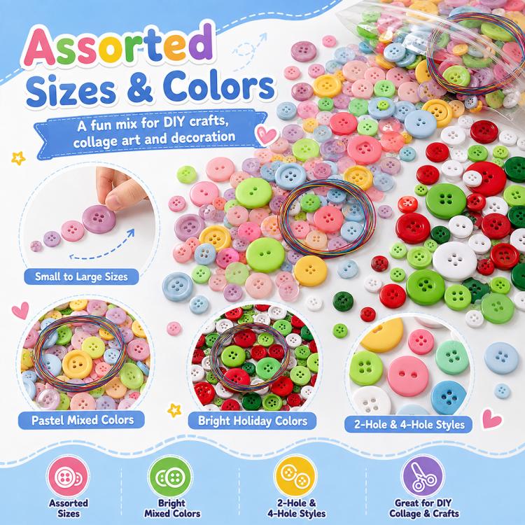 Assorted round resin button kit showing mixed sizes and colors with wired button bundle