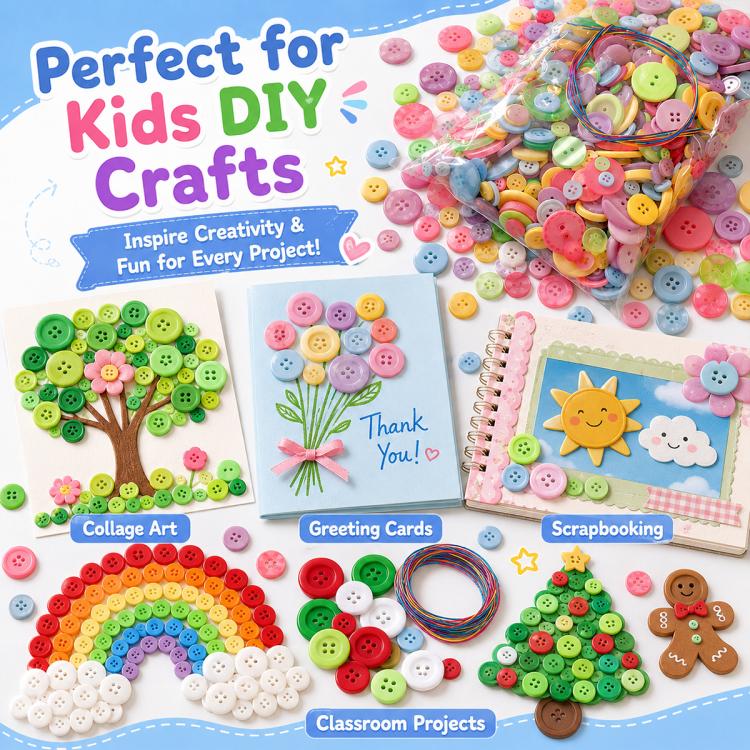 Kids craft buttons kit with assorted round resin buttons and colorful wire