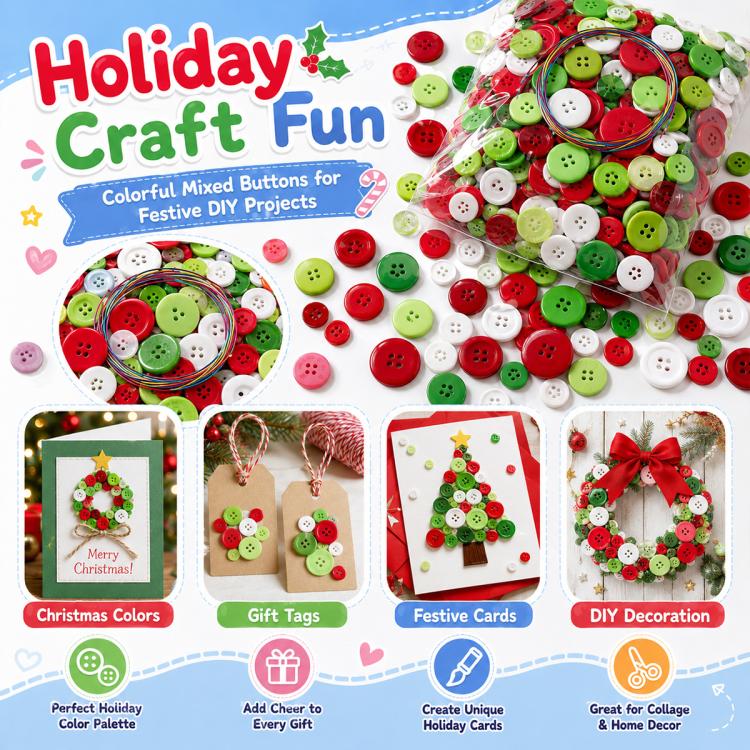 Holiday craft buttons kit with mixed round resin buttons and red-green wired bundle