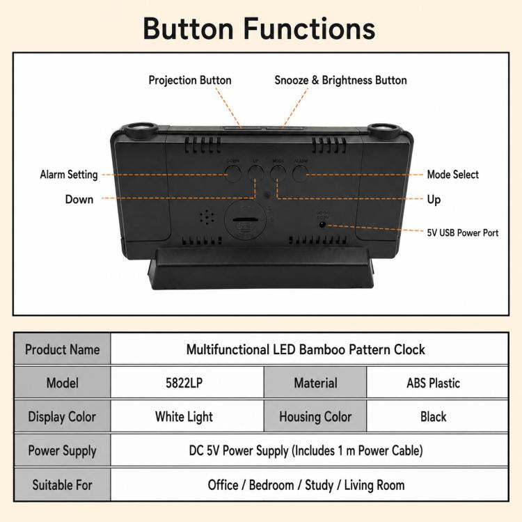 DS-5822LP Creative Bamboo Texture LED Screen Dual Projection Display Electronic Digital Clock